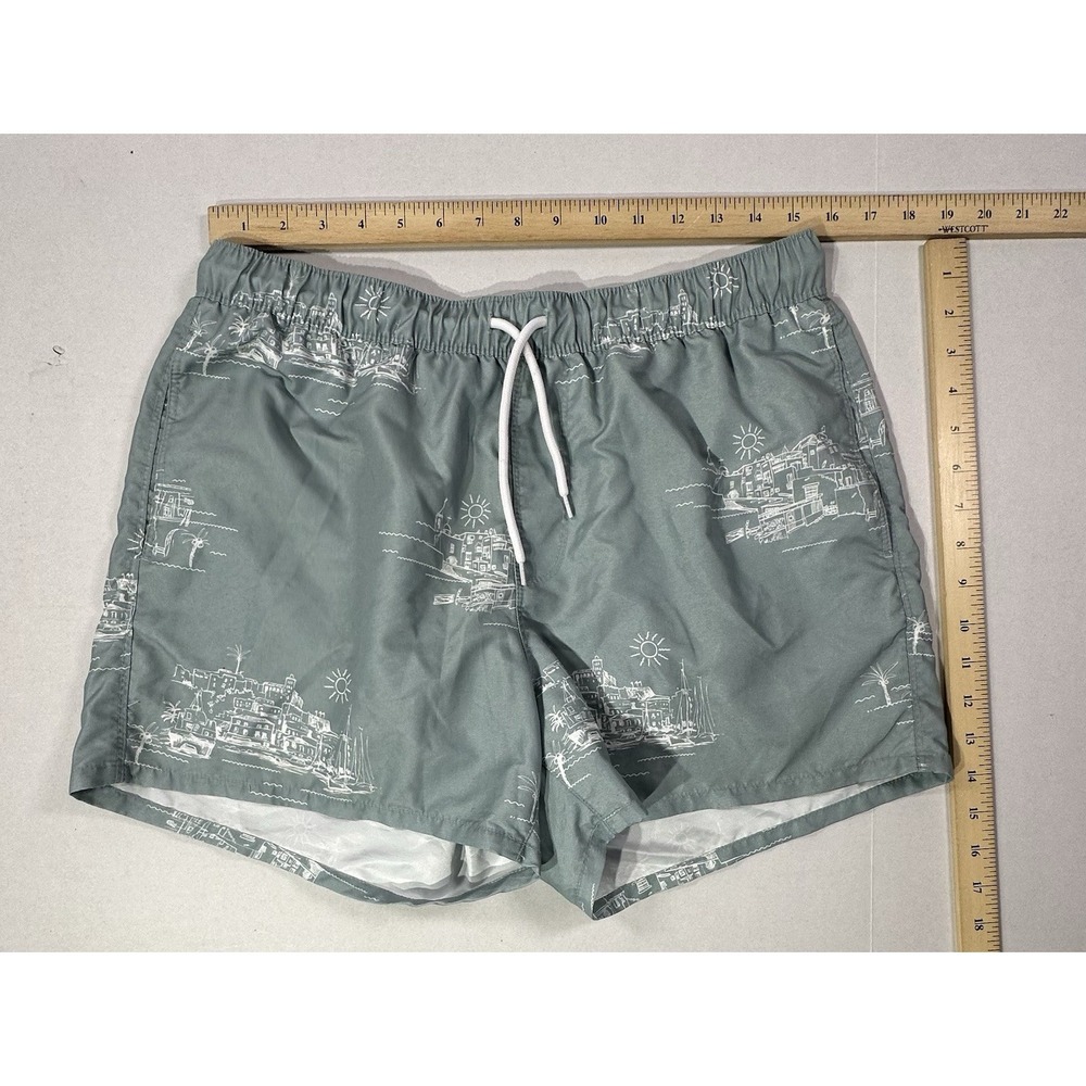 ASOS Design Men's Swim Trunks L Green Coastal Scene Print Board Shorts 36"